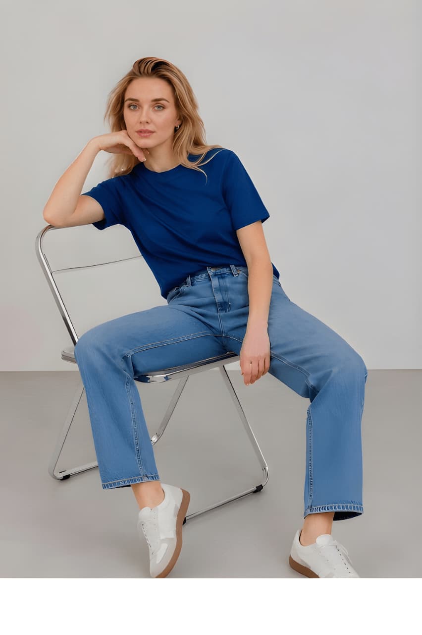 Women's Regular Fit Plain Cotton Blue Tee