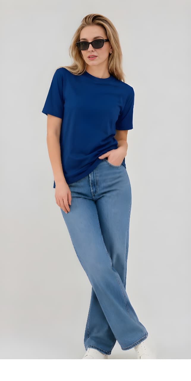 Women's Regular Fit Plain Cotton Blue Tee
