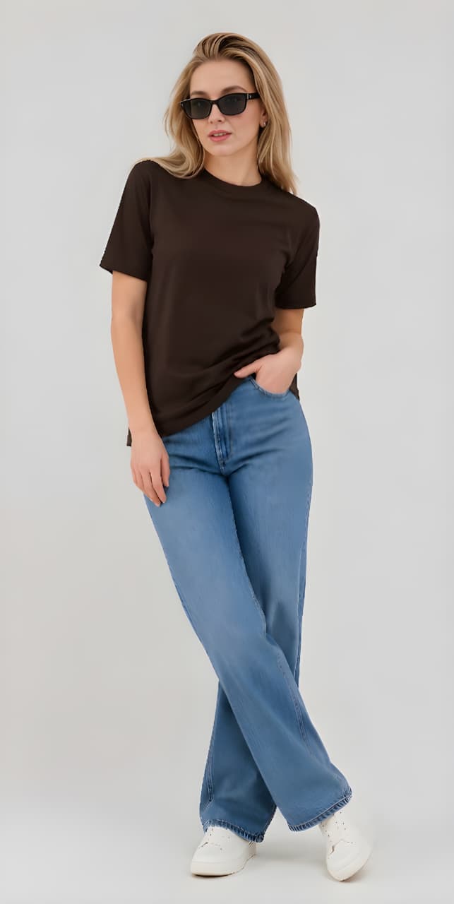Women's Regular Fit Plain Cotton Brown Tee