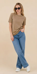 Women's Regular Fit Plain Cotton Beige Tee
