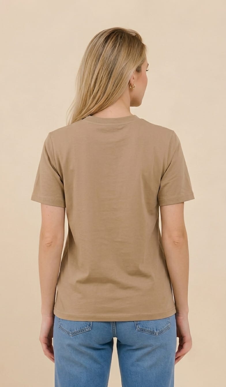 Women's Regular Fit Plain Cotton Beige Tee