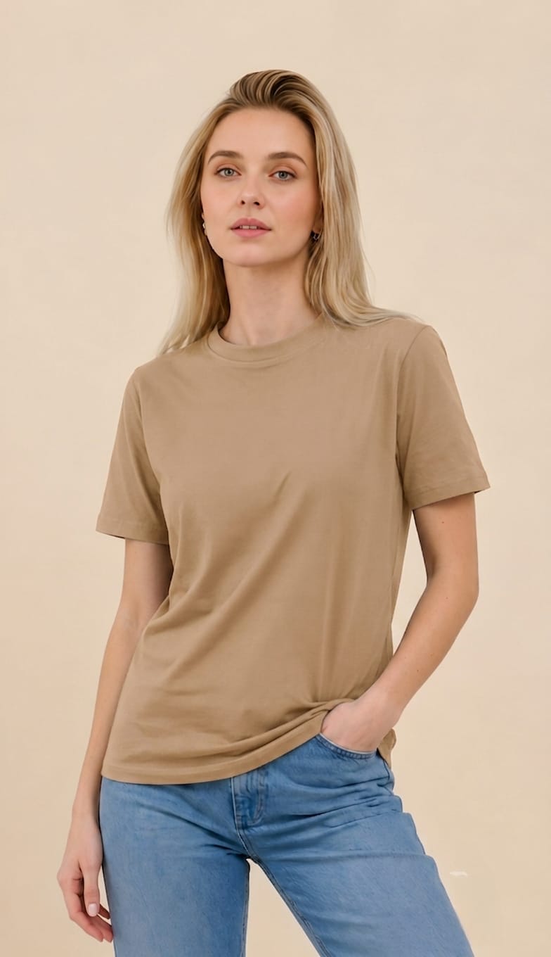 Women's Regular Fit Plain Cotton Beige Tee