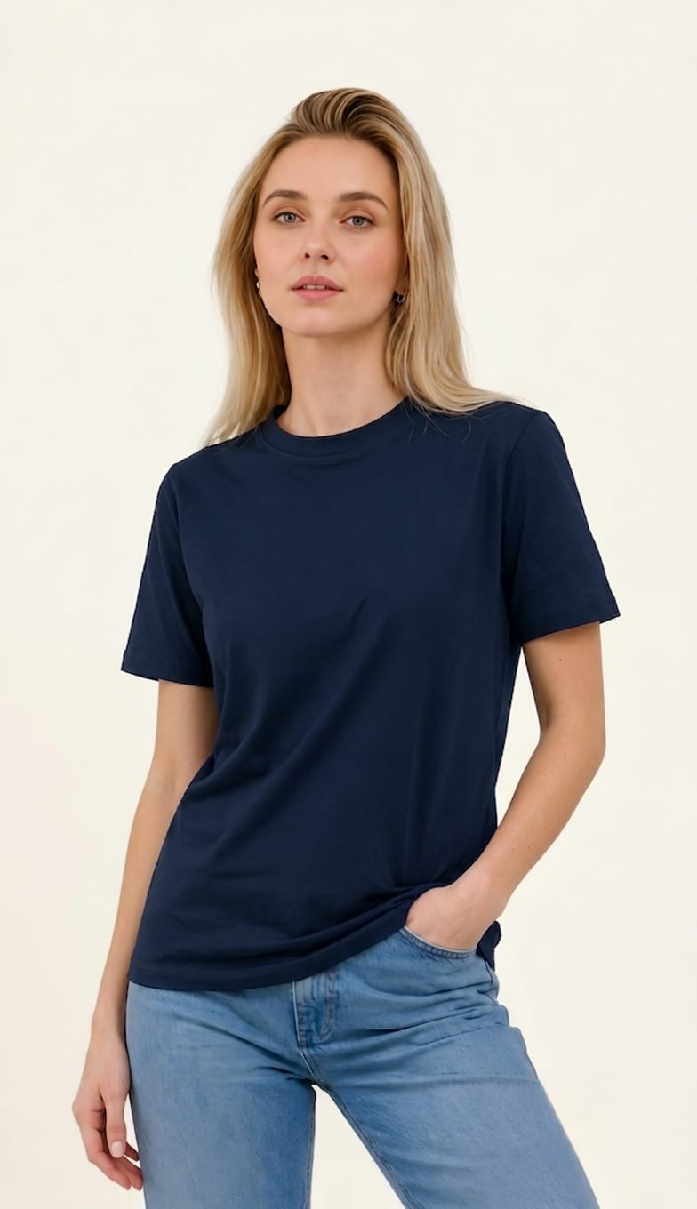 Women's Regular Fit Plain Cotton Navy Blue Tee
